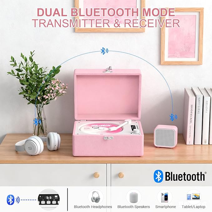CD Player Portable Bluetooth, Pink CD Player Leather for Home Music Player, Rechargeable Battery & Built-in Speakers, USB & AUX Playback, Vintage CD Stereo for Home Decor Gift(Light Pink)