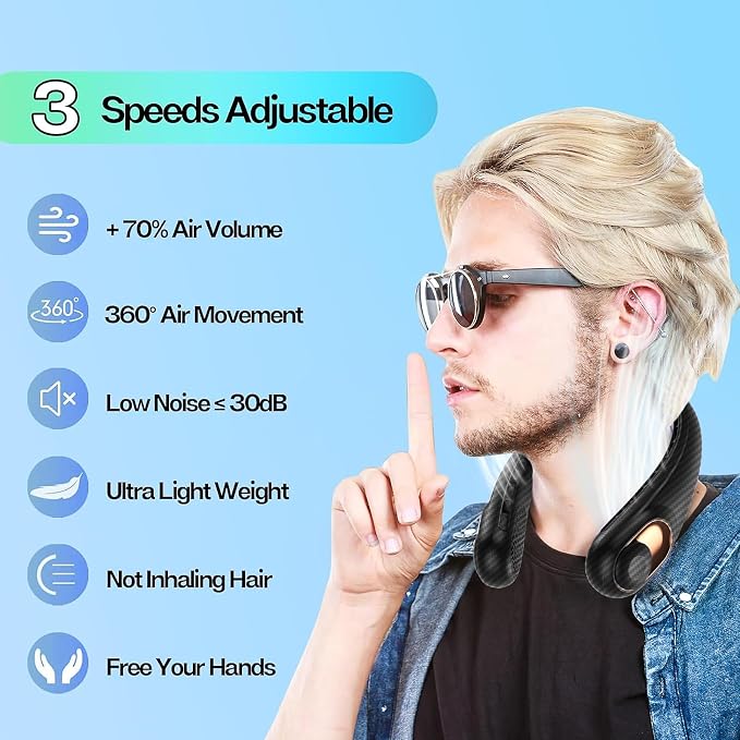 KIDEE Portable Neck Fan, Neck Fans Rechargeable, Upgraded LED Display, 4000 mAh Battery Operated, Personal Wearable Fans, Gifts for Women Men, 2 Pack Carbon Fiber Black