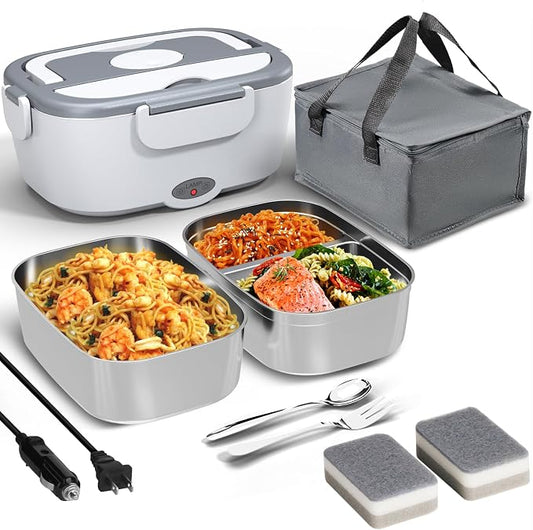 Sitlais Electric Lunch Box for Adults - Fast Heating Portable Food Warmer with 2 of 53oz 304 Stainless Steel Containers 12V/24V/110V Heated Lunch Box for Men&Women Work Office Truck Travel lonchera