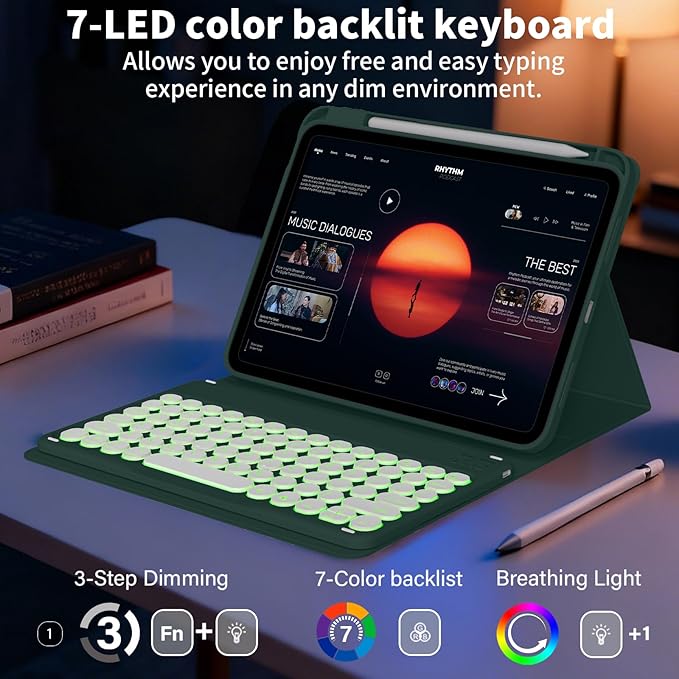 Case for iPad Air 11-inch M4/M3/M2 (2026/2025/2024), with Pencil Holder for iPad Air 7th 6th 11"/Air 5th 4th Gen 10.9 inch Case with Backlit Detachable Bluetooth Keyboard, Dark Green