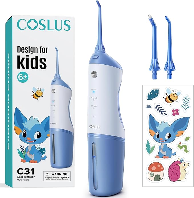 COSLUS C31 Cordless Water Flosser for Kids, Cute Water Dental Pick for Teeth, Braces, Gums Care - 4 Modes for Users Ages 6+, Safe & Gentle, Rechargeable, Waterproof, Portable for Travel, Blue White