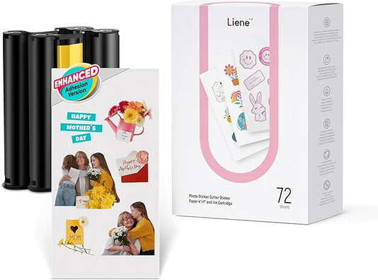 Liene Sticker Paper & Cartridge (Enhanced Adhesion Version) - Includes 2 Ink Cartridge Refills & 72 Sheets of 4x7" Printable Sticker Paper, Dye Sublimation, Compatible Only with Liene PixCut S1
