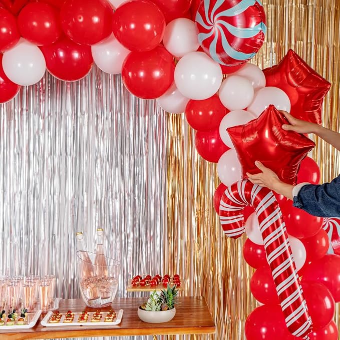 Restaurantware-Balloonify Christmas Balloon Arch Kit, 1 Holiday Decoration Kit - 138 Balloons, With Chain, Red And White Latex Balloon Arch Kit, Includes Glue Dots, Ribbon, Knot
