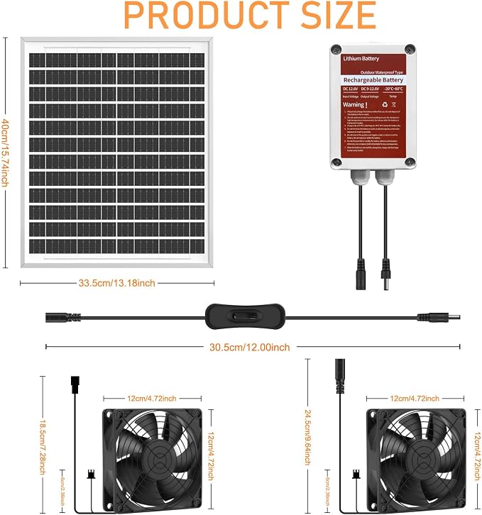 Solar Powered Fan Kit with Battery, Solar Powered Fan for Shed & Greenhouse, for Intake or Exhaust Vent Cooling for Chicken Coop, Dog House