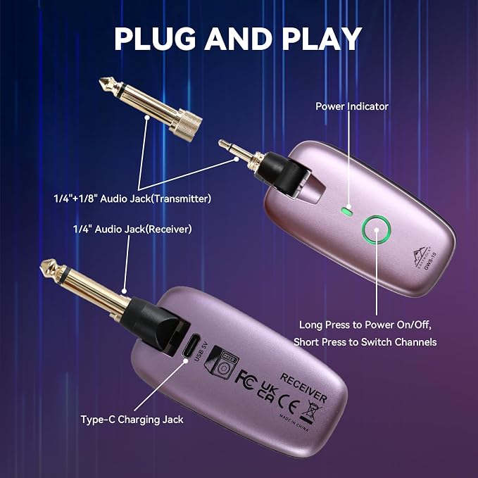 EASTROCK Wireless Guitar System, Guitar Transmitter & Receiver for Electric Guitar, Bass, Keyboard & More Instruments, 7-Channel Rechargeable, 6H Battery, 1/4” & 1/8” Plugs,Purple