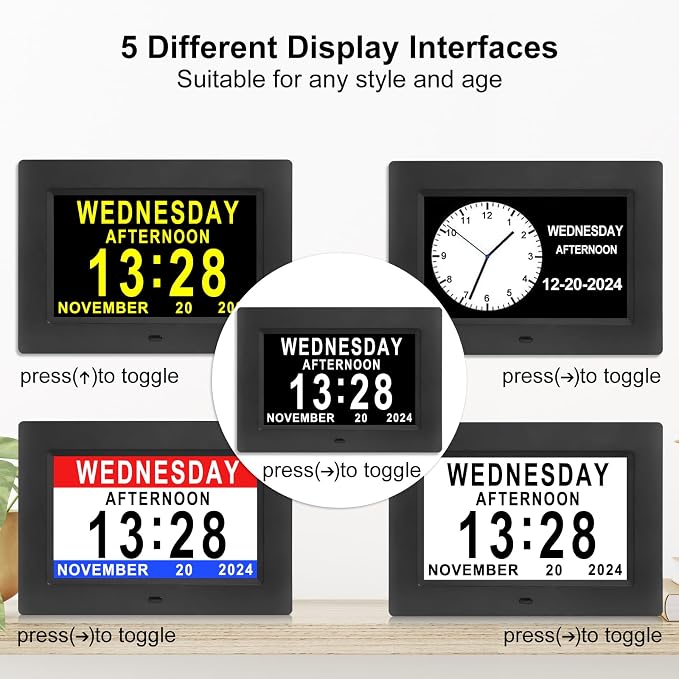 Johnziny 7 Inch Digital Clock with Day and Date for Elderly Large Display Digital for Elderly Dementia Clock Alarms, 12 Alarms and 8 Tags,4 Colors Display Calendar Alarm Clock(Black)