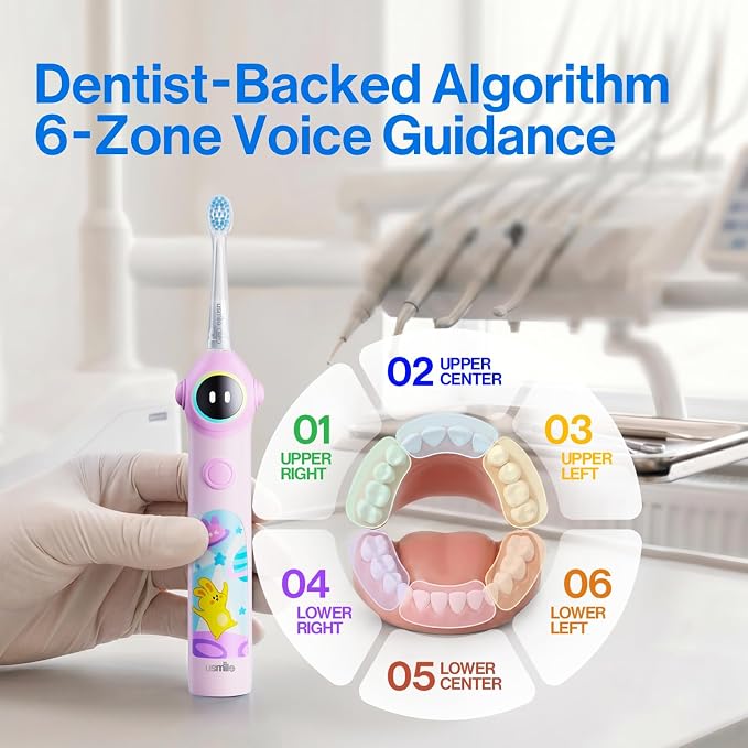 usmile Q30 Kids Sonic Electric Toothbrush, Voice-Guided Full-Mouth Coaching, Missed Spot Alerts & Smart App Reports, Extra-Soft Brush Heads, USB-C Rechargeable, IPX8 Waterproof (Ages 3–12, Purple)