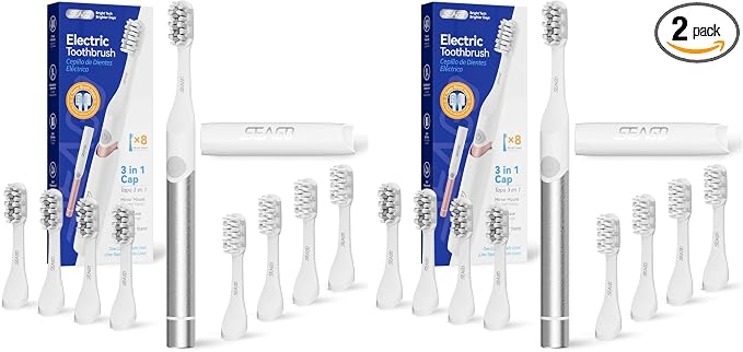 SEAGO Electric Toothbrush for Adults - 3 in 1 Holder with 8 pcs Replaceable Brush Battery Operated Travel Toothbrush kit Portable and 2 Minute Timer (Silver, Middle) (Pack of 2)