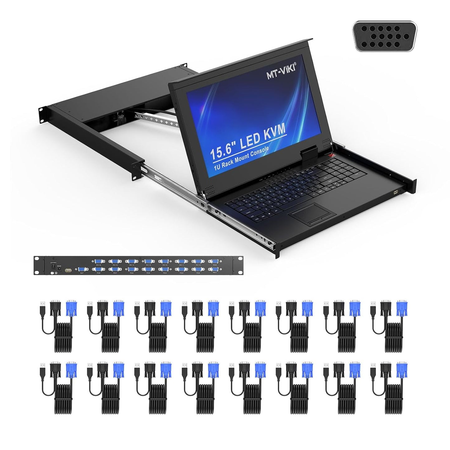 MT-VIKI 16 Port VGA KVM Console, 1U Rack Mount KVM Console w/15.6'' LCD Monitor, 1080P All-in-ONE LCD KVM Console Integrated Touchpad+Keyboard+Drawer+16 KVM Cables