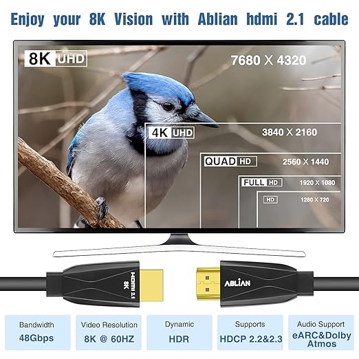 8K HDMI 2.1 Cable 10ft Ultra High Speed HDMI Cable, 48Gbps 8K 60Hz 4K 120Hz Support Compatible with Apple TV Samsung QLED Sony LG PS5