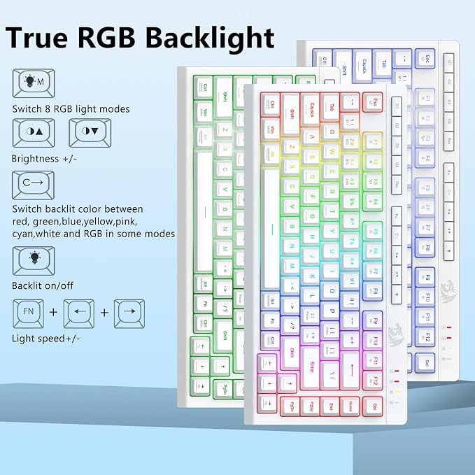Redragon Wireless Gaming Keyboard, Bluetooth/2.4GHz/USB-C Wired, RGB Backlit, Portable 75% Mini Quiet Macro Membrane Keyboard, Rechargeable 4000mAh Battery, Anti-Ghosting for Win/MAC, White