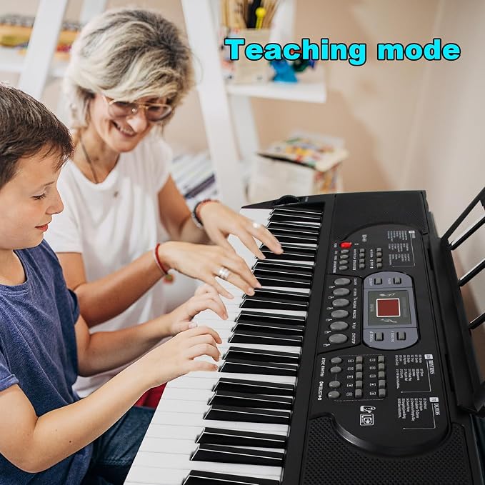 AQNIEGEP 61-Key Electric Keyboard Piano with Lighted Keys, Christmas Gifts, Premium Bundle: Stand, Bench, Mic,Headphones, Music Stand, Stickers, 70 Demos 200 Tones/Rhythms, Beginners/Adults