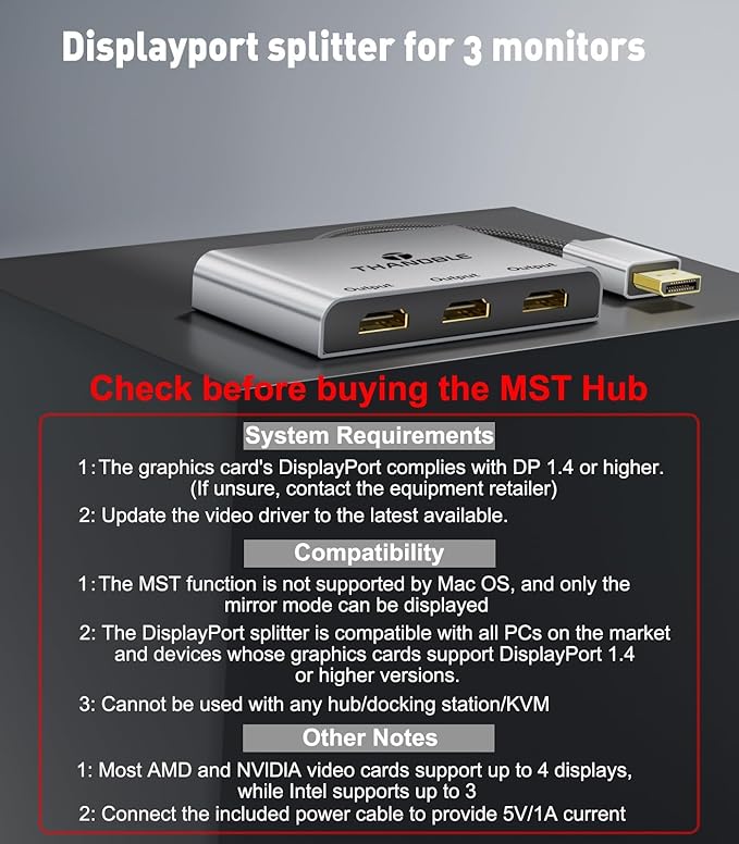 DisplayPort to HDMI Splitter for Multi Monitor Adapter, HDMI Splitter Extended Display 1 in 3 Out MST Hub (4K@60Hz) for Extended or Cloned Display Mode, DP to 3X HDMI Port with PC, NVIDIA AMD