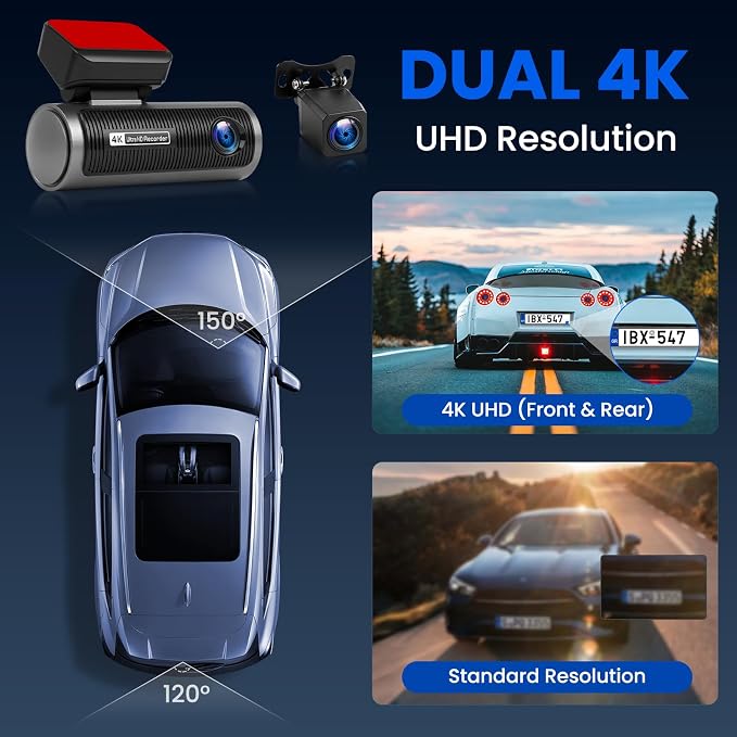 4K Dual Channel Dash Cam 360° Front and Rear, 4K Dash Camera for Cars 64G, 2 Channel Dashcam with APP Control, Night Vision, Loop Recording, Car Camera with G-Sensor, 24H Parking Monitor