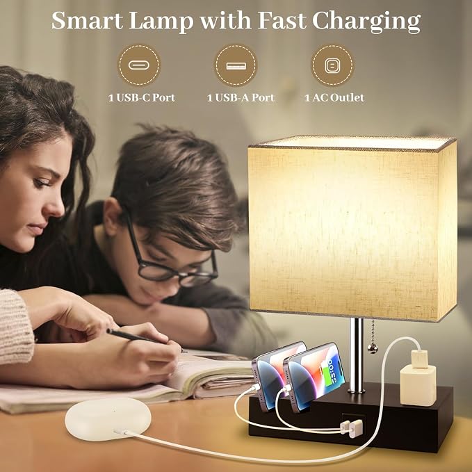Smart RGB Dimmable Table Lamp Compatible with Alexa&APP&Remote Control, Bedside Desk Lamp with Charging Ports&Outlet&Phone Stand, Music Sync Nightstand Lamp for Bedroom Living Room Office Dorm, Beige