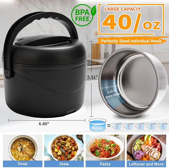 Aotto Electric Lunch Box, 40 oz Portable Food Warmer Heater, Lunch Warmer Portable for Work/Office/Car/Travel 12V/24V/110V 3-in-1, Warming Soup & Meal, Spill-Free, Men & Women's Gifts, Black
