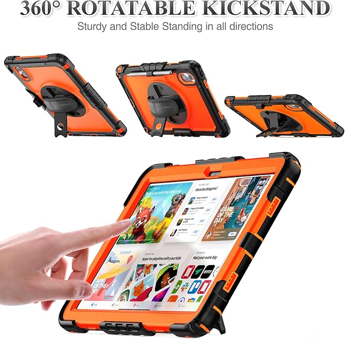 SEYMAC stock Tablet Case for Lenovo Idea Tab 11'' / M11 (TB336FU/TB330FU) 11 inch Drop-Proof Protection Cover with 360° Rotate Stand & Strap [Pen Holder] & Screen Protector 2025/2024, Orange+Black
