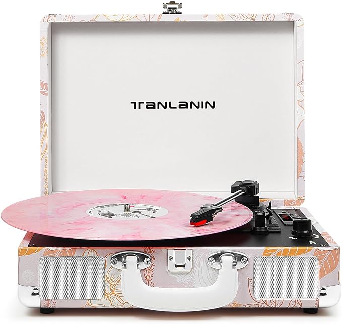 Pink Floral Vinyl Record Player with Built-in Speakers & USB Recording, Vintage 3-Speed Bluetooth Portable Suitcase Turntables Belt-Driven LP Player Support AUX/RCA/Headphone Jack