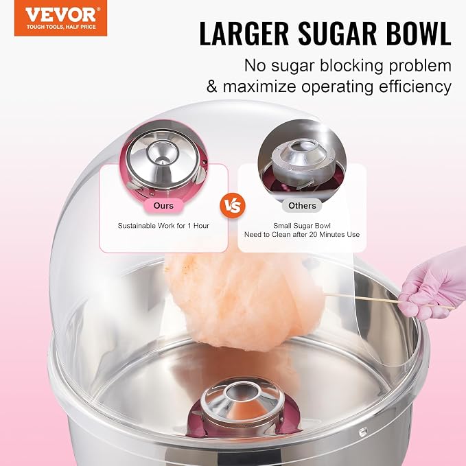 VEVOR Cotton Candy Machine Commercial, 1000W Electric Floss Maker with Cover, Stainless Steel Bowl, Sugar Scoop, Storage Drawer, Perfect for Home, Carnival, Kids Birthday, Family Party, Pink