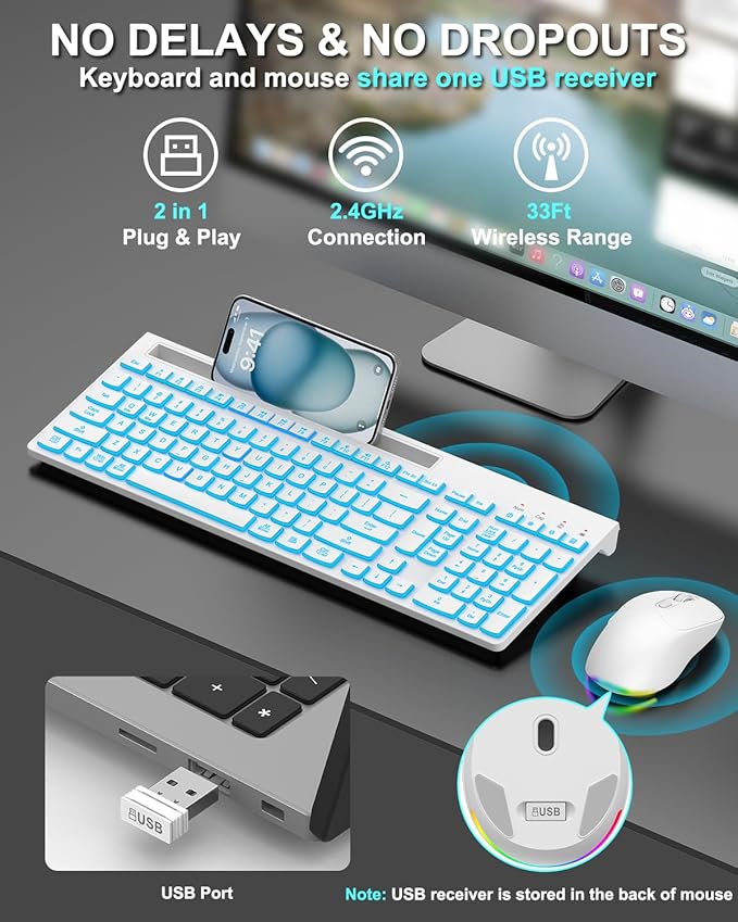Wireless Keyboard and Mouse Combo, 7 Backlit Effects, Light Up Letters, Rechargeable, Phone Holder, 6 Button Mouse, Ergonomic Tilt Angle, 2.4GHz Silent USB Keyboard Mouse for Laptop, PC