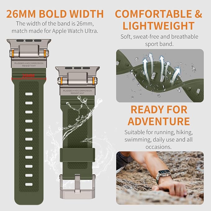 FOAMUNOC Rugged Band Compatible with Apple Watch Ultra 3/2/1 Band 49mm/46mm/45mm/44mm/42mm, Metal Connector with Strap for iWatch Ultra Series 11/10/9/8/7/6/SE3/SE2/SE/5/4/3/2/1, Army Green/Titanium