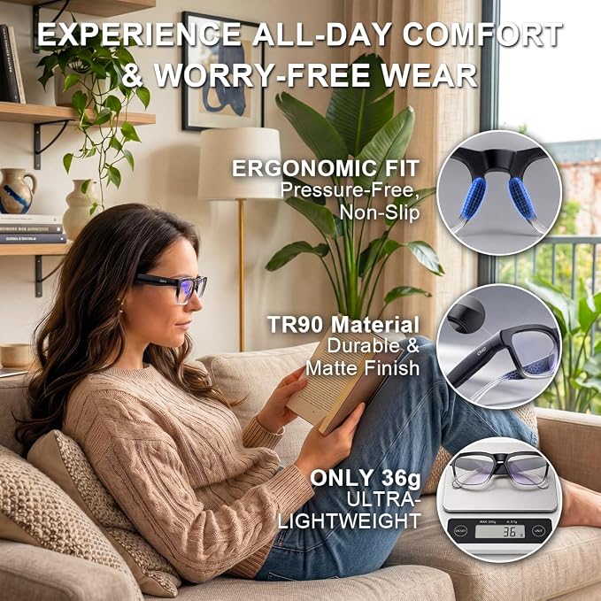 OHO Smart AI Glasses with Bluetooth Audio, Hands-Free Calling, High-Impact 2.0mm Photochromic Blue Light Blocking PC Lenses