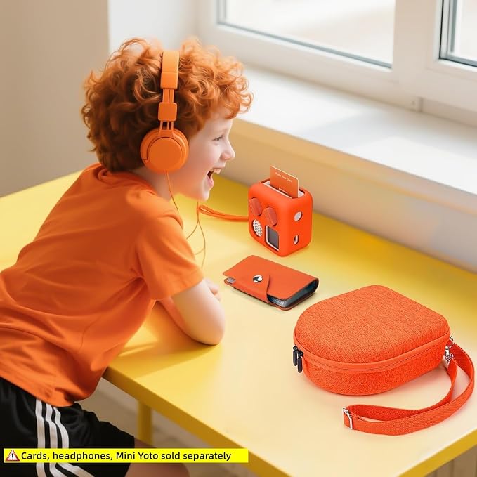 Hard Case Compatible with Yoto Mini (2024 Edition), 3-in-1 Travel Bundle: Silicone Cover + Case with Shoulder Strap (Fits Mini Player & Headphones) + Up to 10 Card Holder for YOTO Cards (Orange)