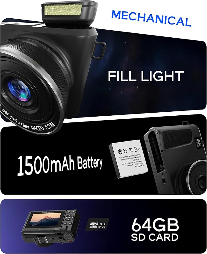 8K Digital Camera for Photography - 88MP Autofocus Vlogging Camera for YouTube with 64GB SD Card, WiFi, 18X Zoom 3" 180° Flip Screen Compact Travel Camera with 2 Batteries for Teens and Beginner