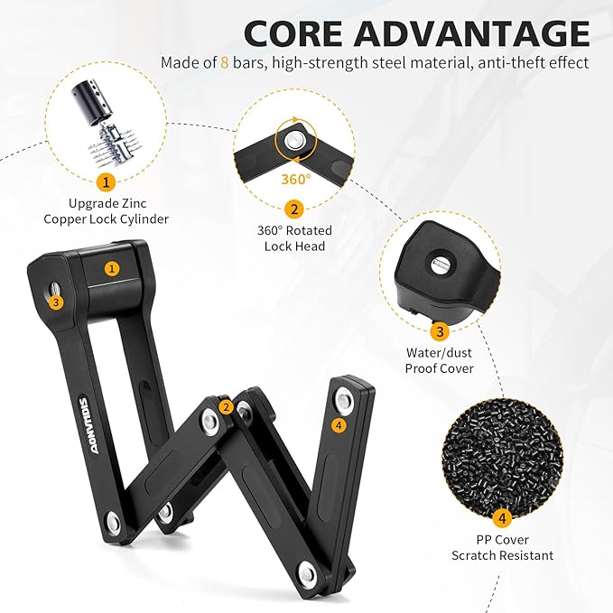 Folding Bike Lock Bicycle Scooter Folding Locks with 3Keys Heavy Duty Bike Lock with Easy Mounting Bracket Alloy Steel Foldable Lock