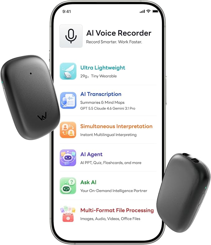 WaveNote TAG AI Voice Recorder – Speech-to-Text Transcription & Summary, 42-Hour Long Recording, Real-Time Translation, Ideal for Business Meetings, Lectures, Interviews, 40-Day Standby