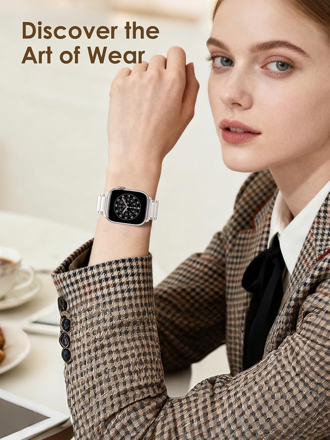 V.R.HOPE Apple Watch Band for Women 38mm 40mm 41mm 42mm Fashion Rose Gold Stainless Steel Metal Strap with Resin Inlay, Fashion Bracelet Compatible with iWatch Series11/10/9/8/7/6/5/4/3/2/1/SE （Starlight+Starlight)