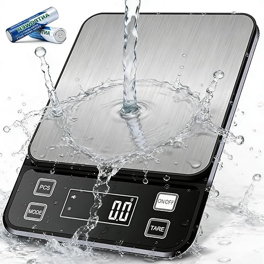 Waterproof Kitchen Scale, 5kg/11lb Food Scale Precisely Measures Grams and Ounces for Baking and Cooking, Stainless Stee Digital Scale with LCD Display Backlight for Food