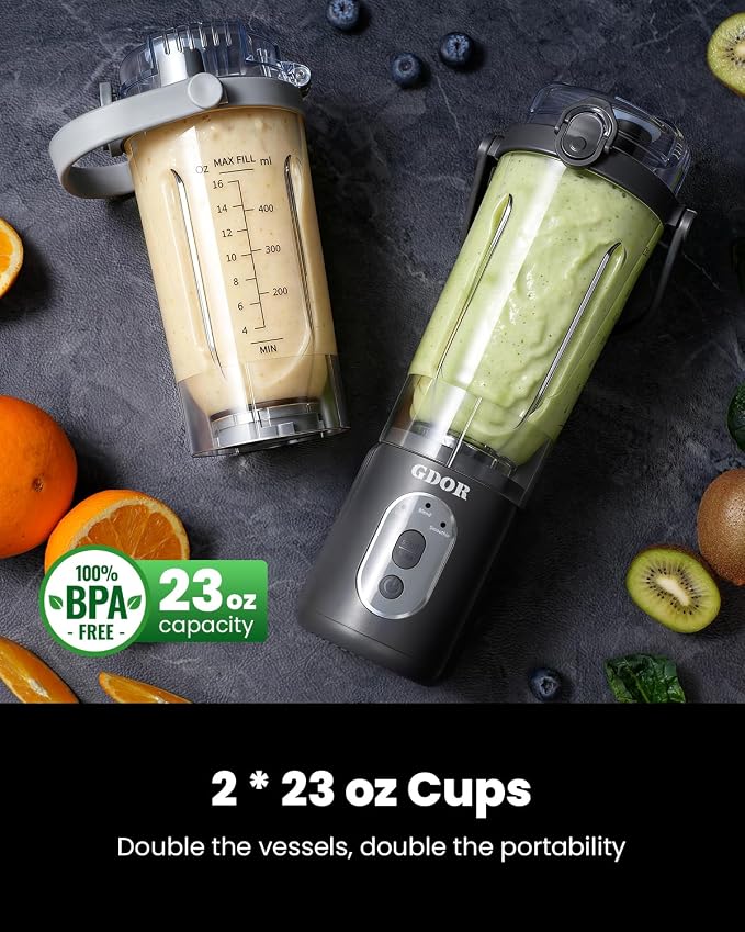 GDOR Portable Smoothie Blender, Twist & Go, Mini Blender Shakes and Smoothies,3 Auto Programs, Ice Crush,2x23 oz, Cordless, Dishwasher Safe, BPA-Free