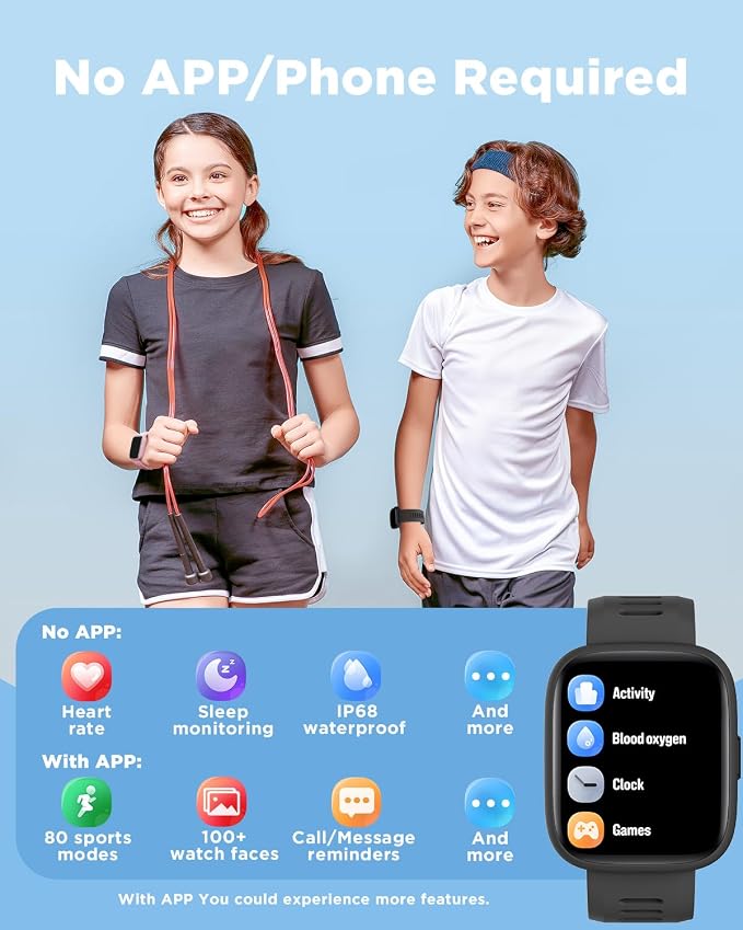 BIGGERFIVE Smart Watch for Kids, 1.8" Fitness Tracker Watch Pedometer, Heart Rate, IP68 Waterproof, Sleep Monitor, Calorie Step Counter, 5 Puzzle Games with/Without APP for Girls Boys Teens 5-16