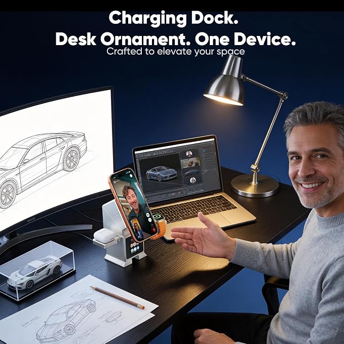 Robot 7-in-1 Wireless Charging Station, Qi2.2 25W Magnetic Rotating Charger for iPhone 17-12 Series, iWatch, AirPods, Bluetooth Speaker, Alarm Clock with LCD Display, Desk Organizer & Decor, Sliver