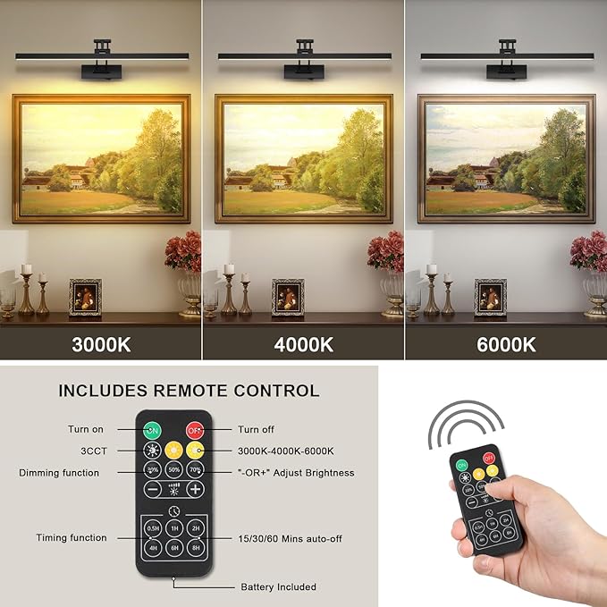 LED Battery Operated Picture Lights with Remote Wireless Art Lighting for Wall 23.6 Inch Rechargeable Painting Black Frame Light Dimmable 3CCT Gallery Light for Library Portrait