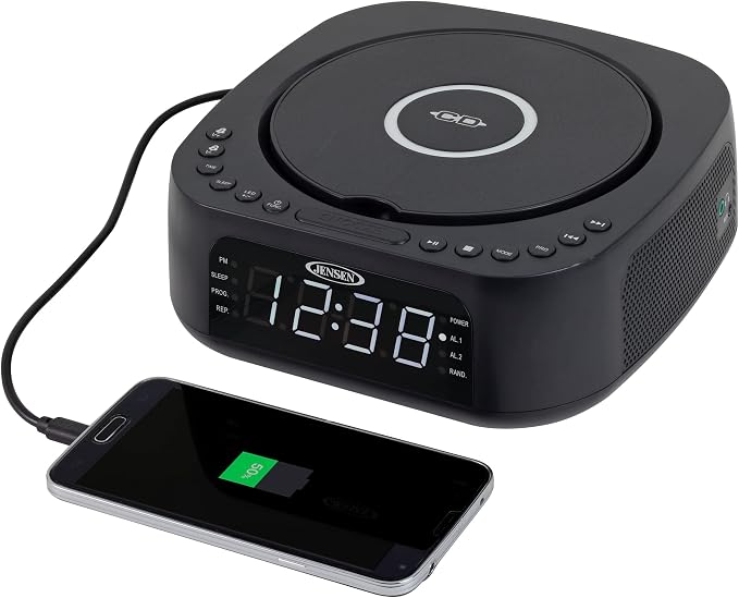 Jensen JCR-375 Stereo Digital Dual-Alarm Clock with Top-Loading CD Player, FM Tuner, USB Charging Port, and Battery Backup