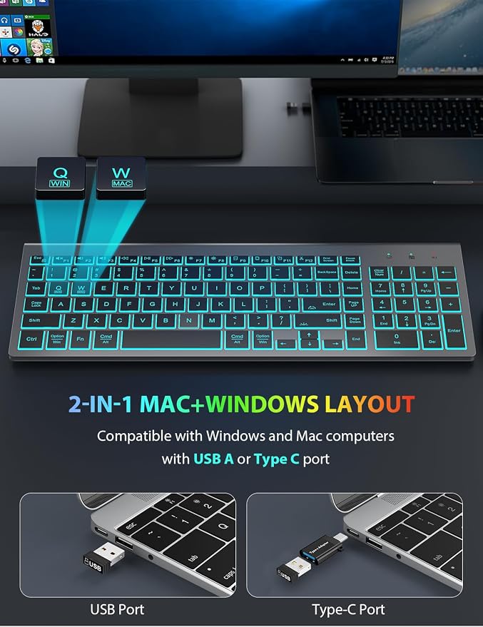 Wireless Keyboard and Mouse Combo Backlit - Compact Quiet Keyboard with RGB Mouse, Rechargeable, Slim, Sleep Mode, Portable Cordless Keyboard Mouse Set for Mac, Windows (Space Gray) - SABLUTE KM61PRO