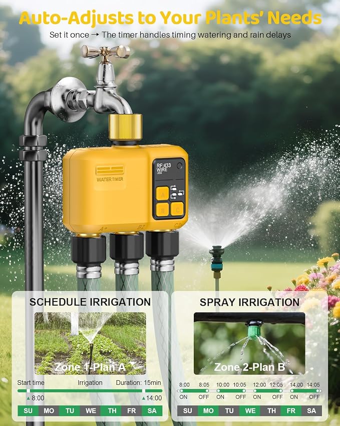 WiFi Water Timer 3 Zone for Garden Hose, Smart Sprinkler Timer with 984ft RF Range, Brass Inlet and Outlet, APP/Voice Control, Rain Delay, Automatic/Manual Irrigation