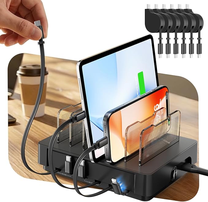 SooPii HomeHub H1 Charging Station for multiple devices,Upgraded 6-Port Desktop Fast Charger with 6 Retractable Cables（4*C+2*iP）,60W PD charger station for iPhone/Tablet,Tangle-Free Charging Organizer