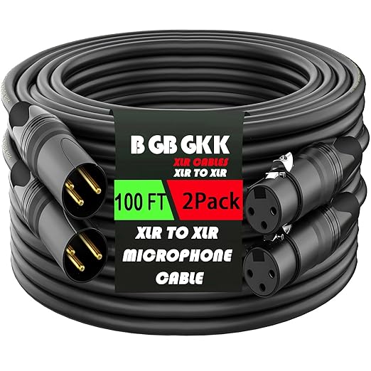 XLR Cables 100FT 2 Pack, Professional XLR Microphone Cable Male to Female, Gold-Plated 3-pin X LR Speaker Cables Balanced Mic Cord, Black