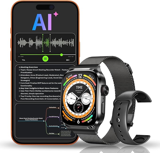 AI Smart Watch with Voice Recorder, Transcribe & Summarize with AI for Meetings, App Control, Supports 135 Languages, 2.13" AMOLED Display, Health, Fitness & Sleep Tracker, 80+ Workout Modes, Black