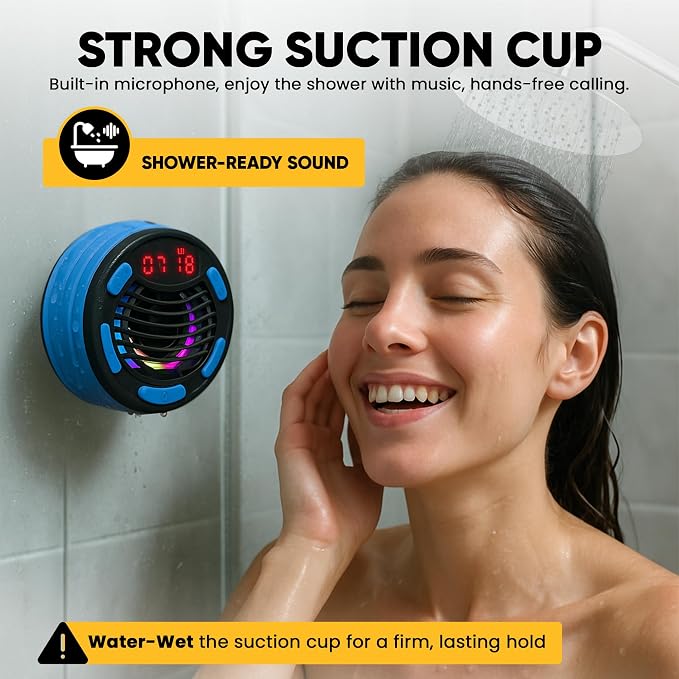 IPX7 Waterproof Portable Bluetooth Speaker with Digital Watch, for Shower, Pool, Beach, Bike, Includes MTB Handlebar Holder, Suction Cup & Carabiner, RGB Lights, FM Radio, USB-C - Gifts