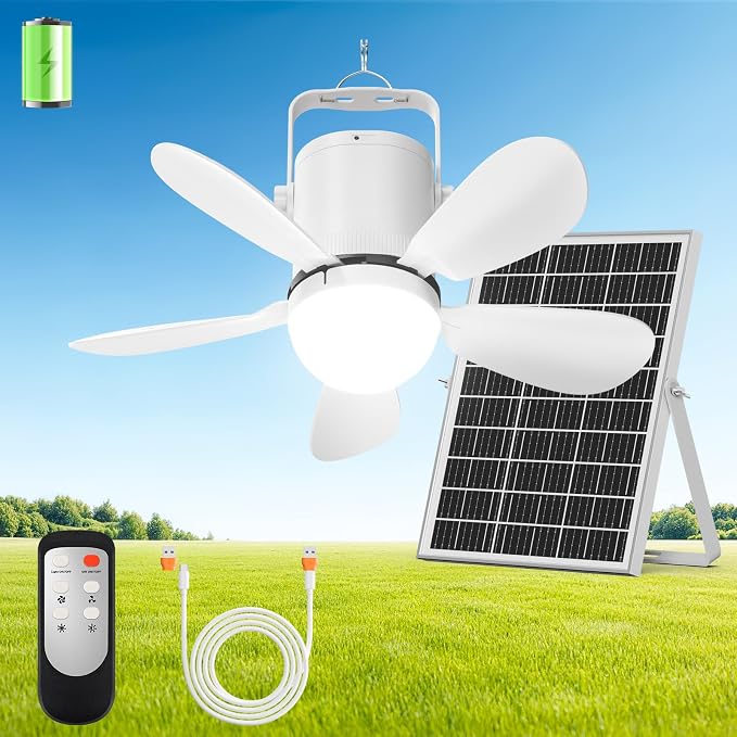 Solar Ceiling Fan Light, 30W Solar Gazebo Fan with Remote, Portable Solar Canopy Fans for Outside, Rechargeable Battery Operated Camping Fan, for Tent Shed Patio Greenhouse Porch Pergola