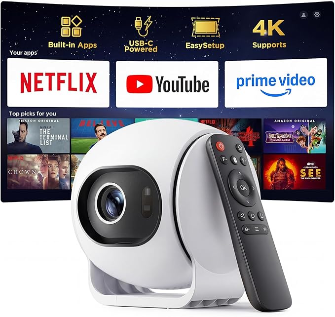 [ Ultra Short Throw & Built-in Apps ] Android 14 Smart Projector with WiFi and Bluetooth, 1080P FHD HDR10, Auto Focus/Keystone, Mini Portable Projector Support Power Bank for Bedroom/Outdoor, White