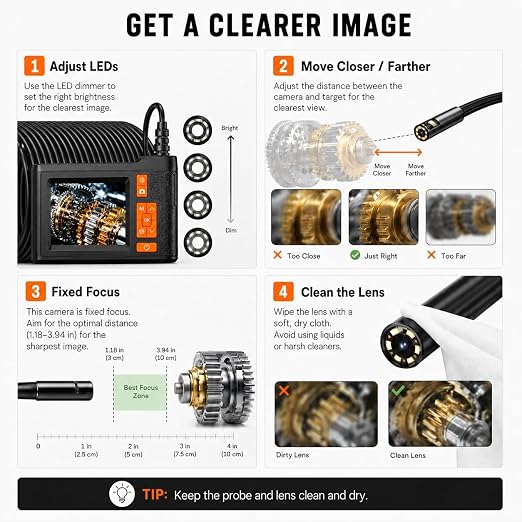 50FT Dual Lens Endoscope Camera with Light, 4.3" Borescope Support 1080P Photo/Video, IP67 Waterproof with 8 LED Lights, Semi-Rigid Inspection Snake Cable for Pipe, Engine & HVAC