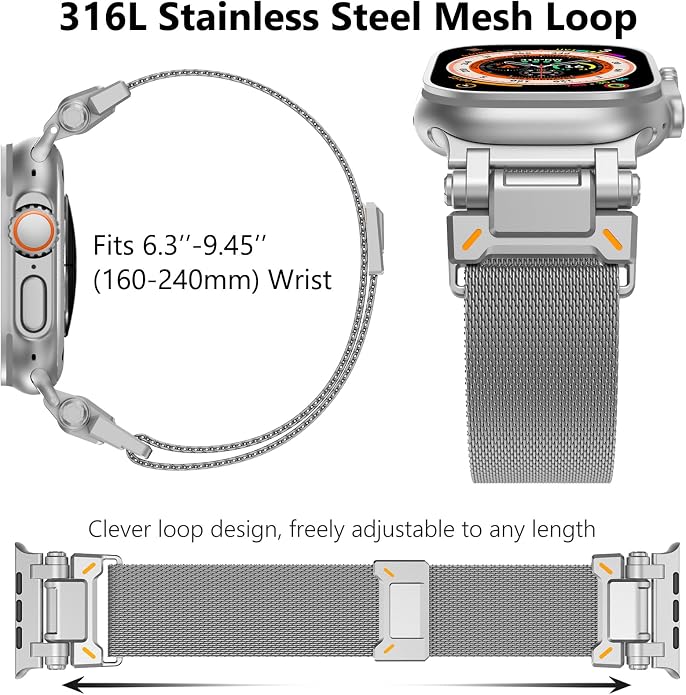 WINGLE Milanese Loop for Apple Watch Band Ultra 3/2/1 Band Ultra 49mm Series 11 10 46mm 45mm 44mm SE 3/2/1 Series 9 8 7 6 5 4 3 Men Women,Parachute-Style Buckle Stainless Steel Mesh Metal iWatch Bands