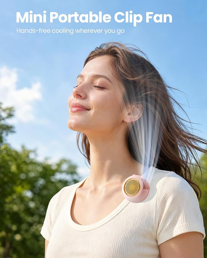 UNIWA Clip On Fan, Portable Silent Mini Bladeless Fan for Shirt/Waist, 5 Speed Adjustable&LED Display, Spin 360° Fan, Hands-Free, Small Wearable Fan for Outdoor Travel, Office, Gift Women/Mom Pink
