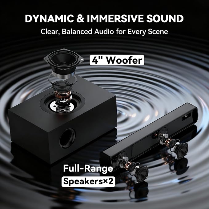 TV Sound Bar Subwoofer Bluetooth, Home Theater Sound Bar System, TV Speakers Sounds Bars Subwoofer, Hdmi(ARC) OPT COAX AUX USB 2.1ch Home Audio TVs/PC/Projector Treble Bass 3 Modes Remote, Black