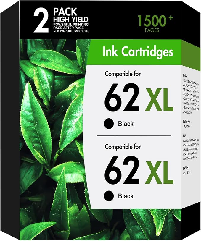 62XL Ink Cartridges Black Replacement for HP 62 62 XL Black Ink Cartridge Work for Envy 7640 5660 7645 5540 5544 5545 5664 OfficeJet 200 250 250 5740 5745 8040 Series Black (2-Pack)